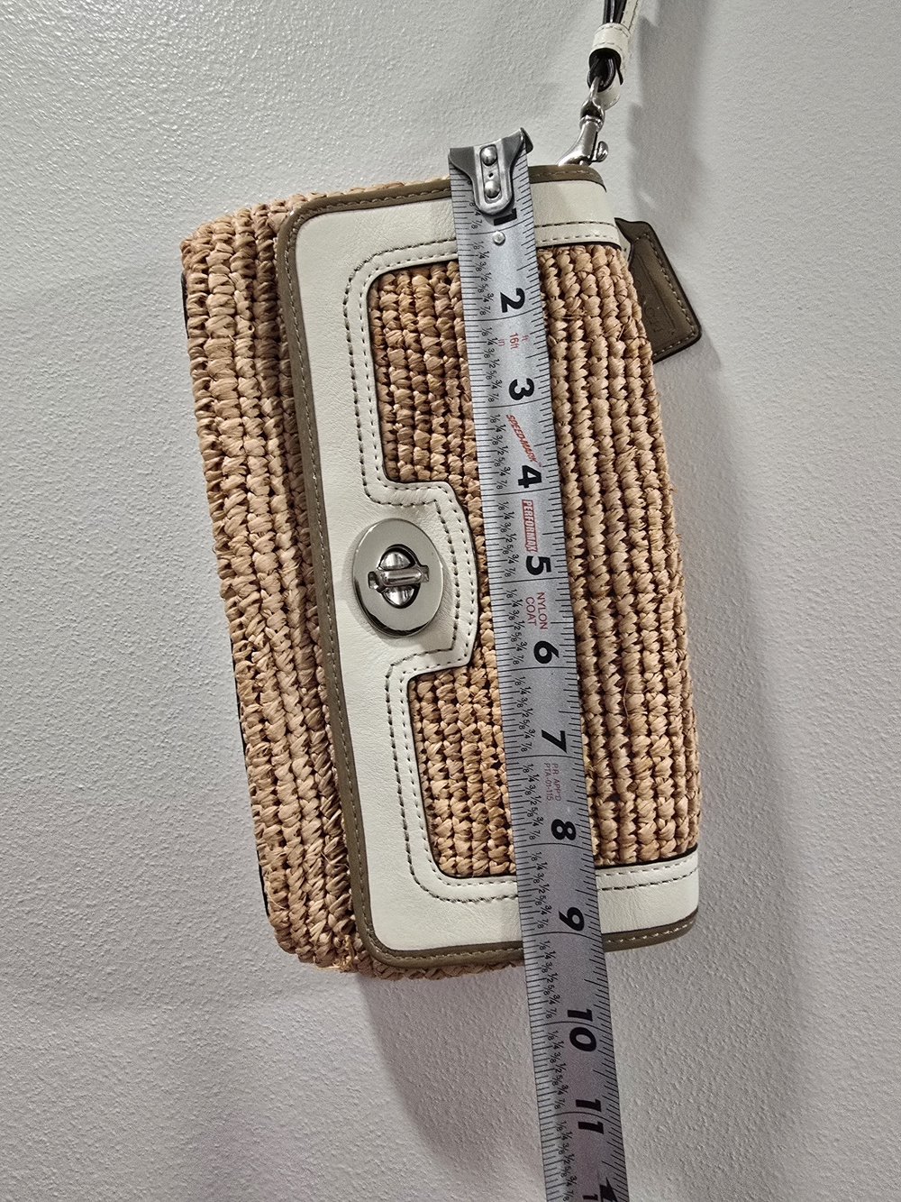 Coach Beige Straw Wristlet with White and Olive Trim - Picture 2 of 6